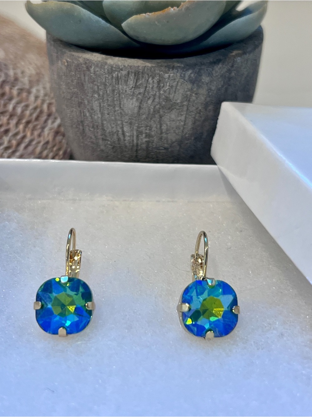 Gold Leverback Earrings with Blue-Green Crystal Drops